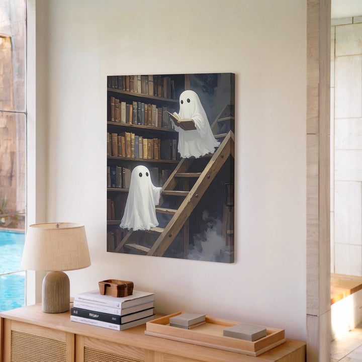 Ghosts in Haunted Library Canvas – Whimsical Halloween Dark Academia Art - Gifitto