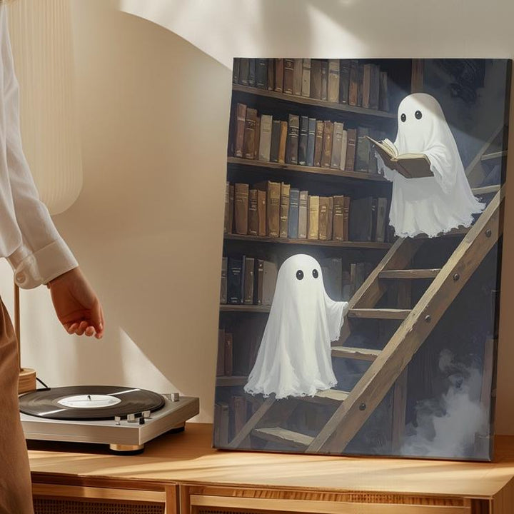 Ghosts in Haunted Library Canvas – Whimsical Halloween Dark Academia Art - Gifitto