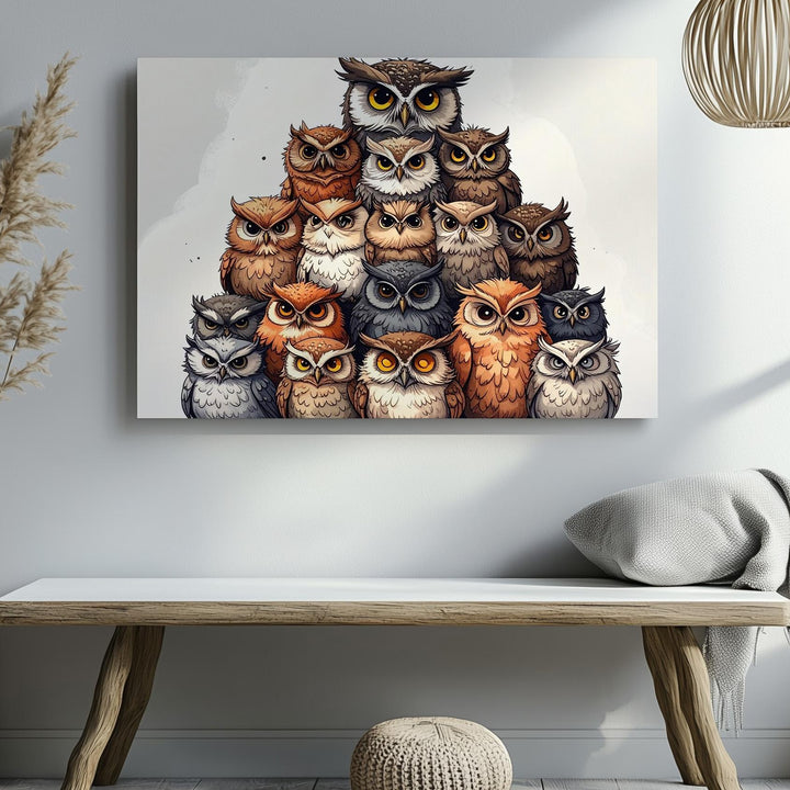 Totem of Owls Canvas – Whimsical Autumn Halloween Animal Art - Gifitto