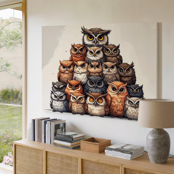 Totem of Owls Canvas – Whimsical Autumn Halloween Animal Art - Gifitto