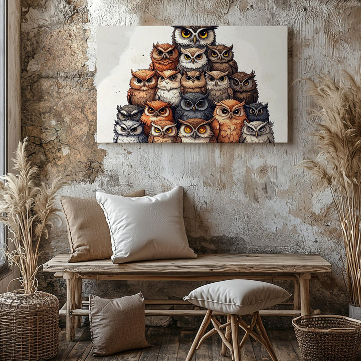 Totem of Owls Canvas – Whimsical Autumn Halloween Animal Art - Gifitto