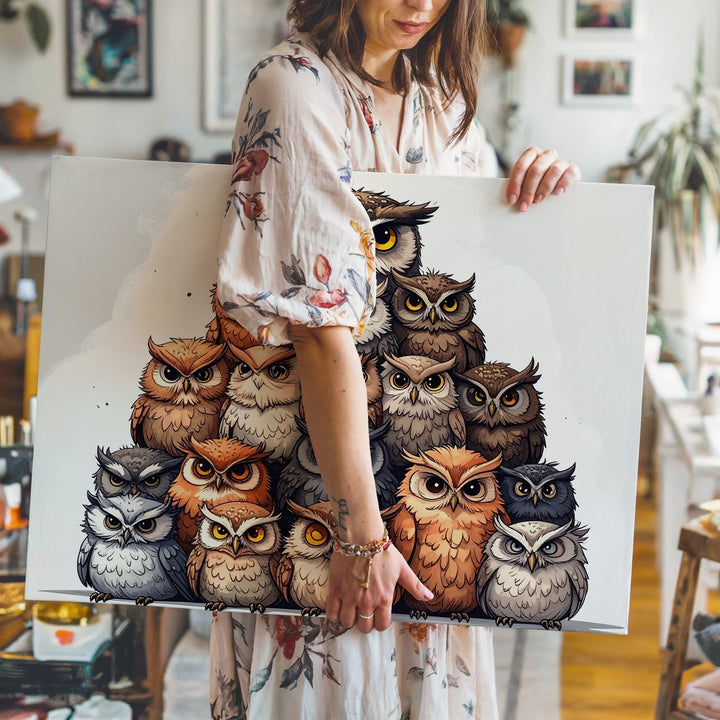 Totem of Owls Canvas – Whimsical Autumn Halloween Animal Art - Gifitto