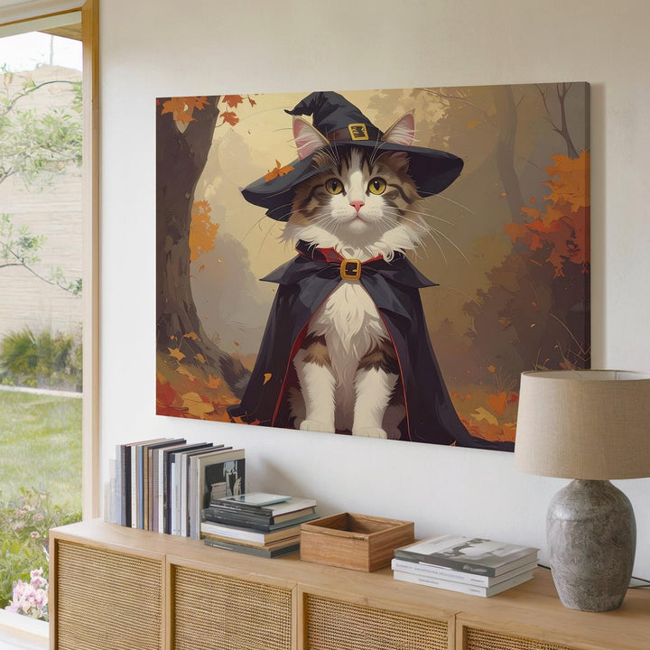 Witch Kitten Canvas – Enchanted Halloween Cat in Autumn Forest - Gifitto