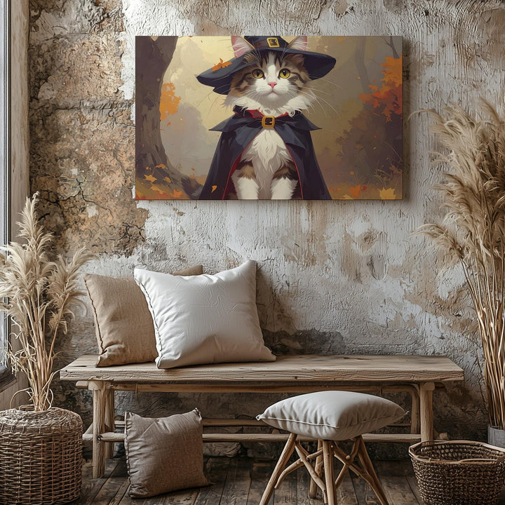 Witch Kitten Canvas – Enchanted Halloween Cat in Autumn Forest - Gifitto