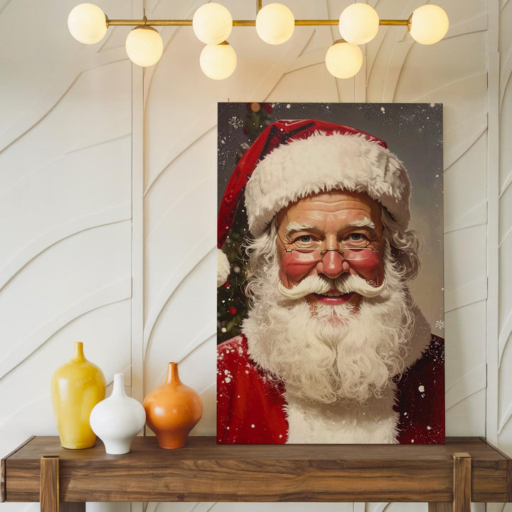 Jolly Santa Portrait Canvas – Classic Christmas Wall Art with Snowflakes - Gifitto
