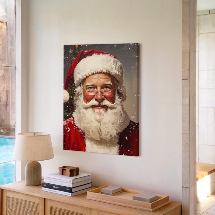 Jolly Santa Portrait Canvas – Classic Christmas Wall Art with Snowflakes - Gifitto