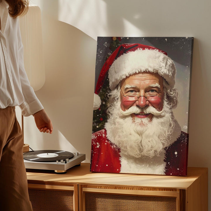 Jolly Santa Portrait Canvas – Classic Christmas Wall Art with Snowflakes - Gifitto