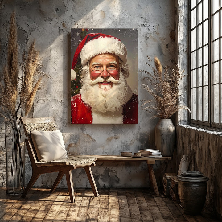 Jolly Santa Portrait Canvas – Classic Christmas Wall Art with Snowflakes - Gifitto