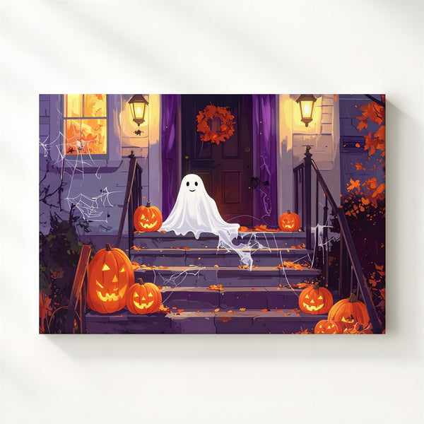 Happy Porch Ghost Canvas – Cheerful Halloween Night Decor Wall Art - Gifitto