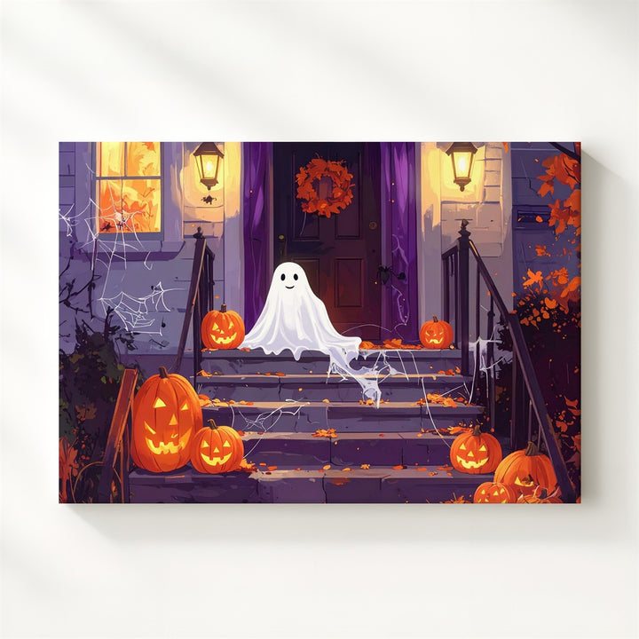 Happy Porch Ghost Canvas – Cheerful Halloween Night Decor Wall Art - Gifitto