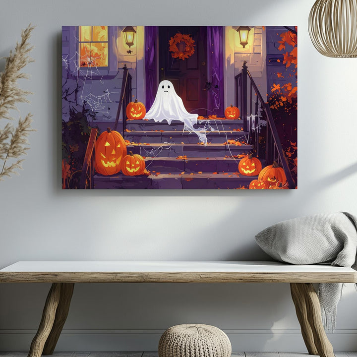 Happy Porch Ghost Canvas – Cheerful Halloween Night Decor Wall Art - Gifitto