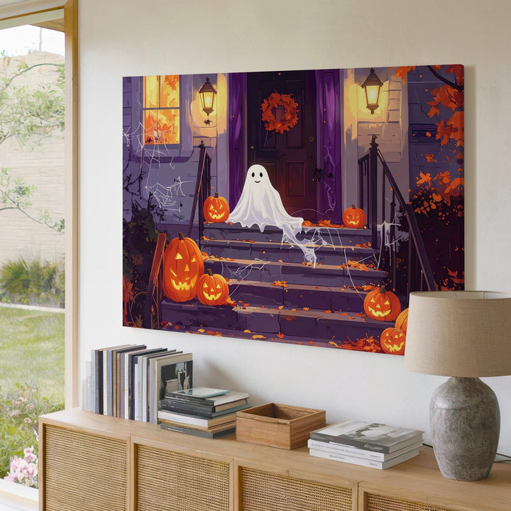 Happy Porch Ghost Canvas – Cheerful Halloween Night Decor Wall Art - Gifitto