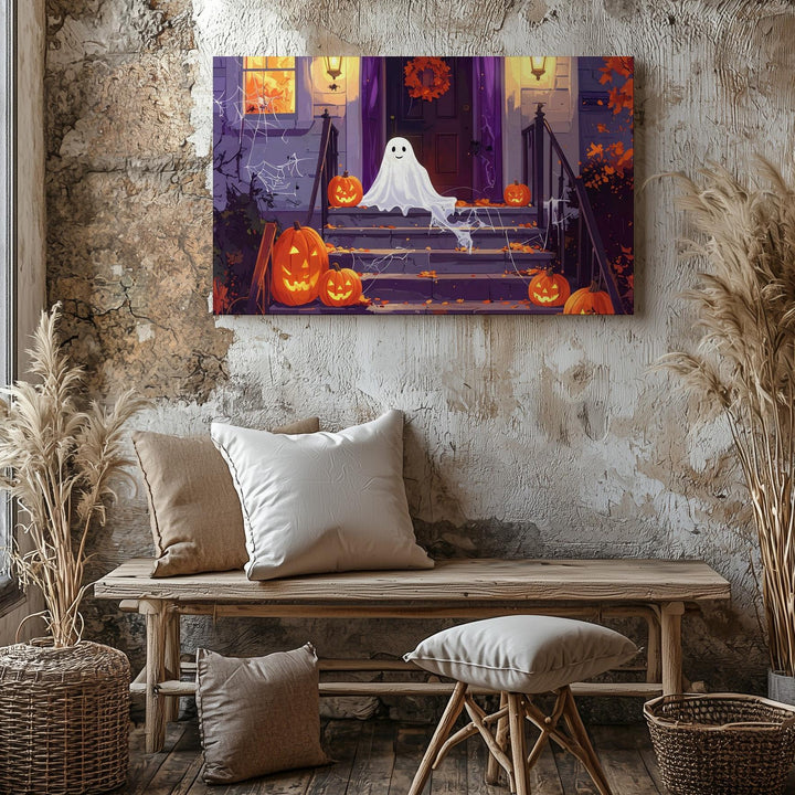 Happy Porch Ghost Canvas – Cheerful Halloween Night Decor Wall Art - Gifitto