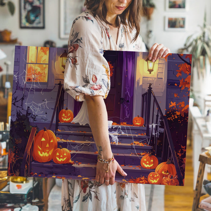 Happy Porch Ghost Canvas – Cheerful Halloween Night Decor Wall Art - Gifitto