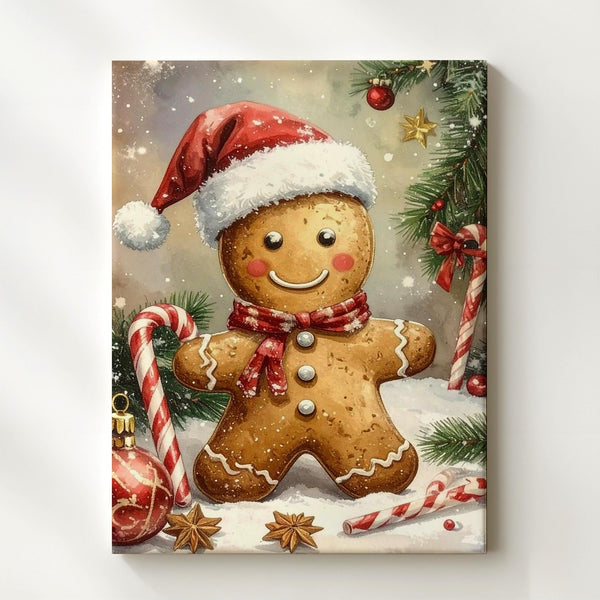 Gingerbread Cheer Canvas – Playful Holiday Wall Art with Santa Hat Cookie - Gifitto