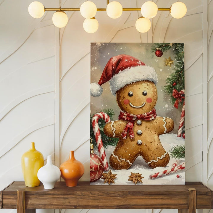 Gingerbread Cheer Canvas – Playful Holiday Wall Art with Santa Hat Cookie - Gifitto