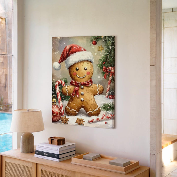 Gingerbread Cheer Canvas – Playful Holiday Wall Art with Santa Hat Cookie - Gifitto
