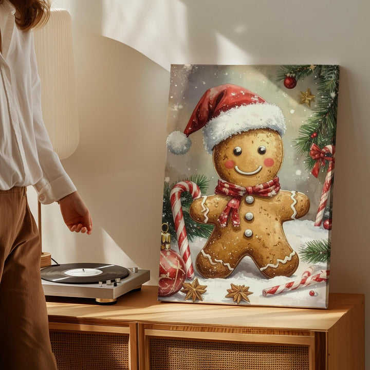 Gingerbread Cheer Canvas – Playful Holiday Wall Art with Santa Hat Cookie - Gifitto