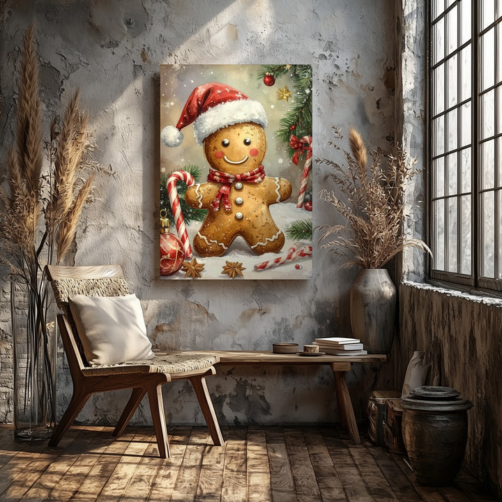 Gingerbread Cheer Canvas – Playful Holiday Wall Art with Santa Hat Cookie - Gifitto