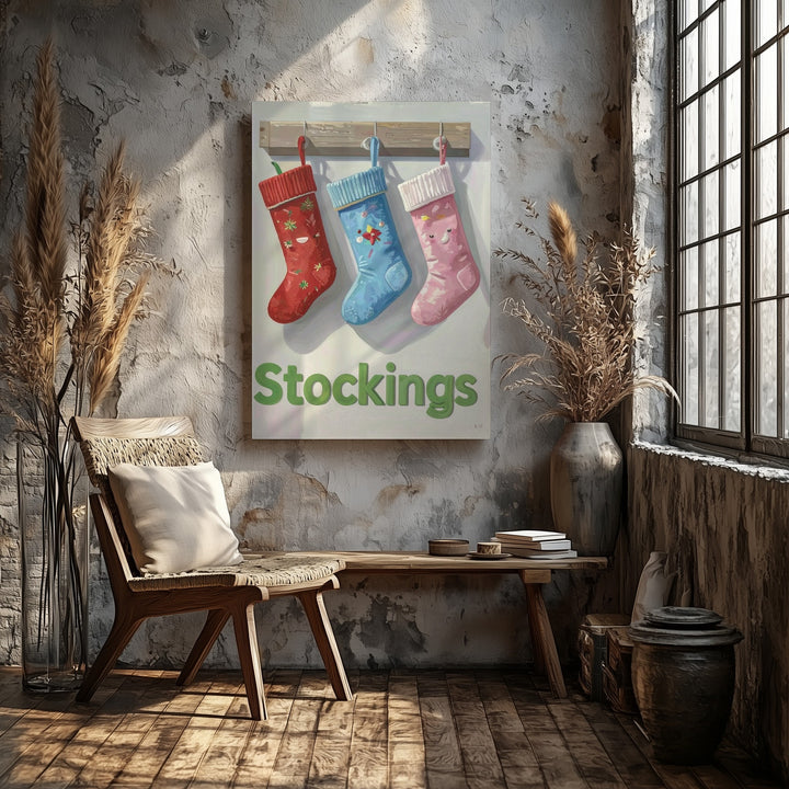Colorful Stockings Canvas – Minimalist Holiday Wall Art for Festive Cheer - Gifitto