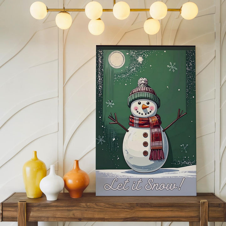 Let It Snow Snowman Canvas – Whimsical Winter Wall Art on Green - Gifitto