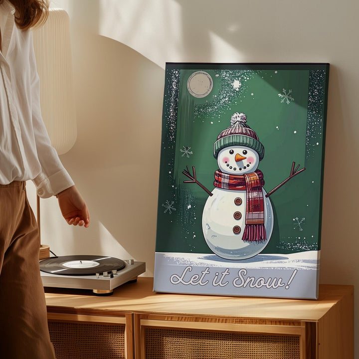 Let It Snow Snowman Canvas – Whimsical Winter Wall Art on Green - Gifitto