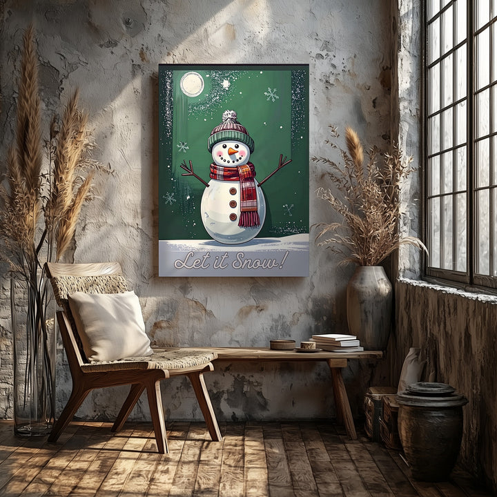 Let It Snow Snowman Canvas – Whimsical Winter Wall Art on Green - Gifitto