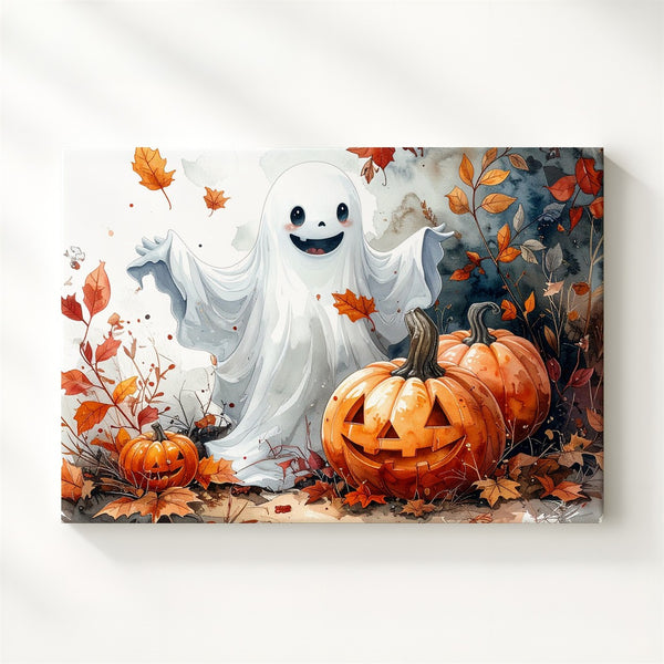Smiling Ghost & Jack-o’-Lantern Friends Canvas – Watercolor Halloween Joy Art - Gifitto