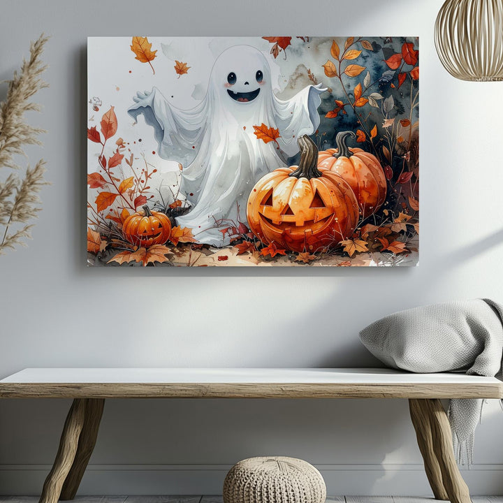 Smiling Ghost & Jack-o’-Lantern Friends Canvas – Watercolor Halloween Joy Art - Gifitto