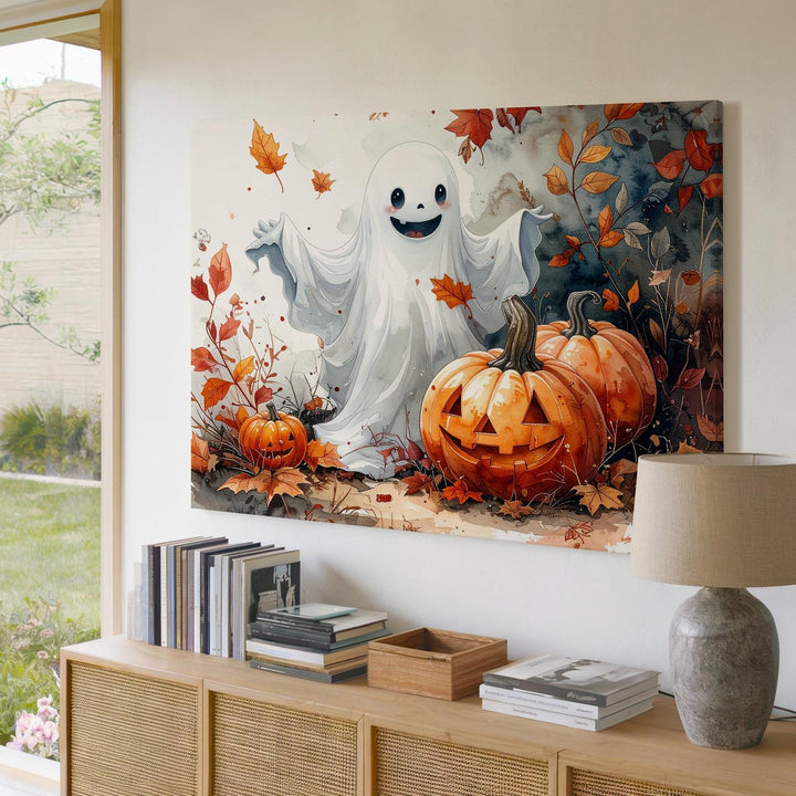 Smiling Ghost & Jack-o’-Lantern Friends Canvas – Watercolor Halloween Joy Art - Gifitto