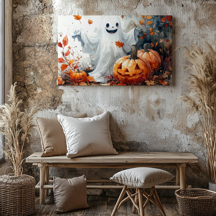Smiling Ghost & Jack-o’-Lantern Friends Canvas – Watercolor Halloween Joy Art - Gifitto