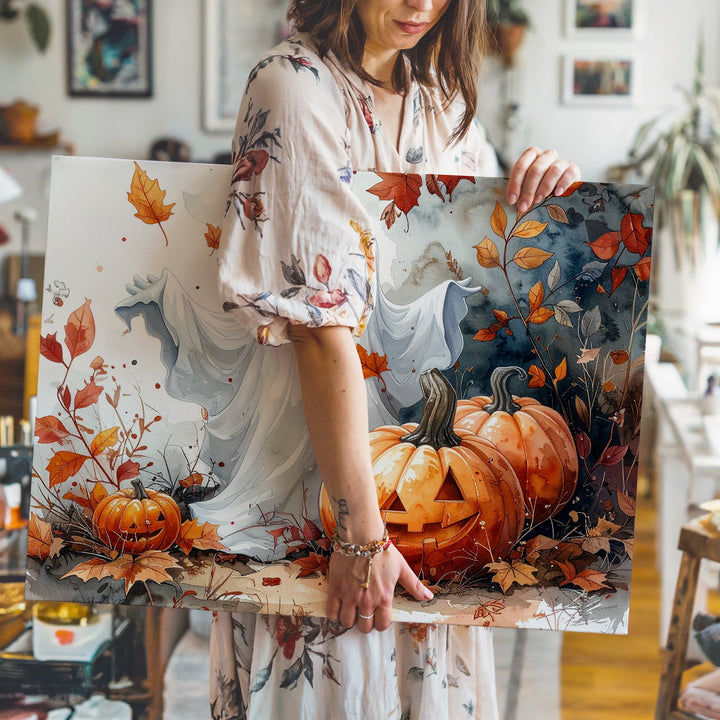 Smiling Ghost & Jack-o’-Lantern Friends Canvas – Watercolor Halloween Joy Art - Gifitto