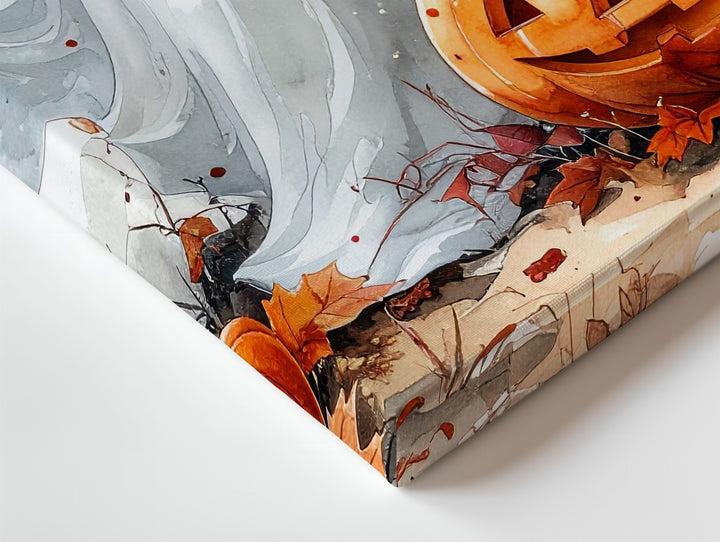 Smiling Ghost & Jack-o’-Lantern Friends Canvas – Watercolor Halloween Joy Art - Gifitto