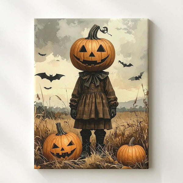 Pumpkin-Headed Child Canvas – Vintage Folk Horror Halloween Art - Gifitto