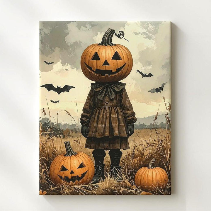 Pumpkin-Headed Child Canvas – Vintage Folk Horror Halloween Art - Gifitto