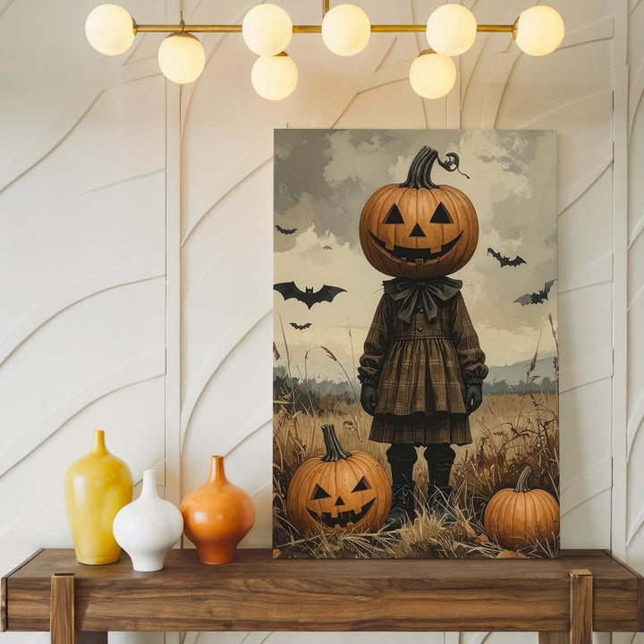Pumpkin-Headed Child Canvas – Vintage Folk Horror Halloween Art - Gifitto