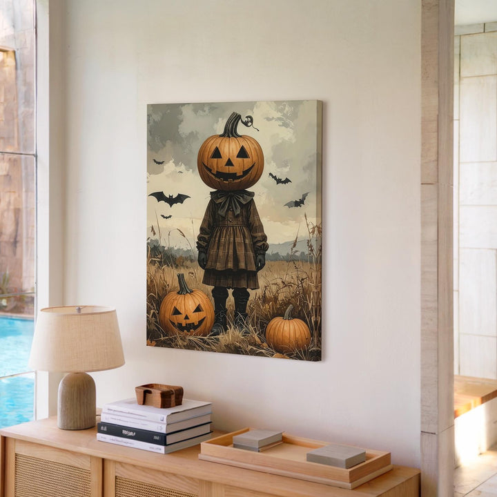 Pumpkin-Headed Child Canvas – Vintage Folk Horror Halloween Art - Gifitto