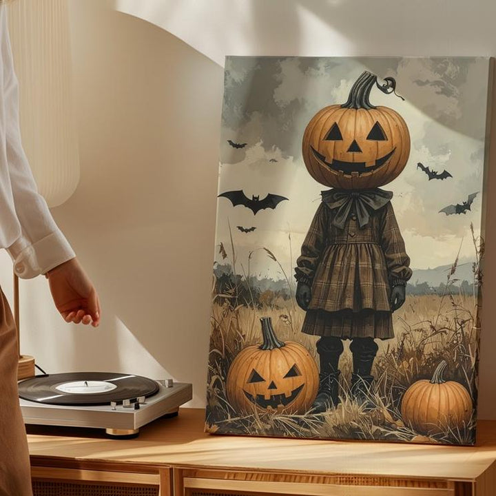 Pumpkin-Headed Child Canvas – Vintage Folk Horror Halloween Art - Gifitto