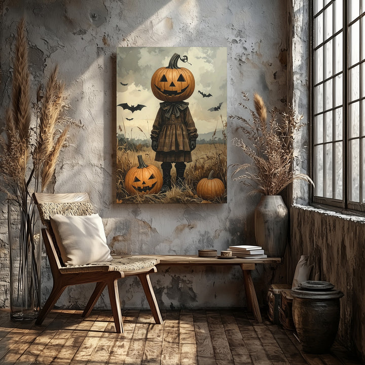 Pumpkin-Headed Child Canvas – Vintage Folk Horror Halloween Art - Gifitto