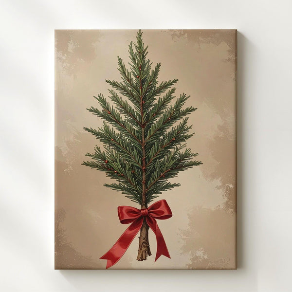 Rustic Christmas Tree Canvas – Minimal Greenery with Red Ribbon Holiday Art - Gifitto