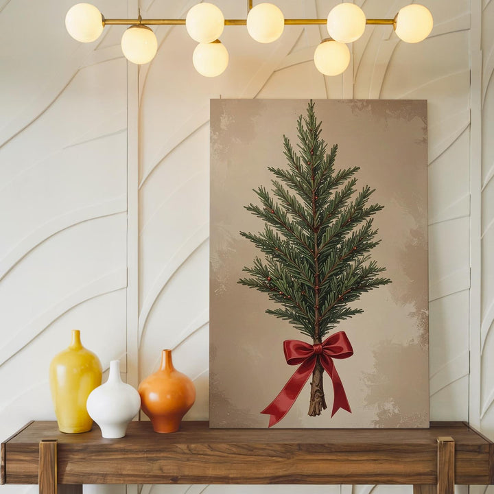 Rustic Christmas Tree Canvas – Minimal Greenery with Red Ribbon Holiday Art - Gifitto