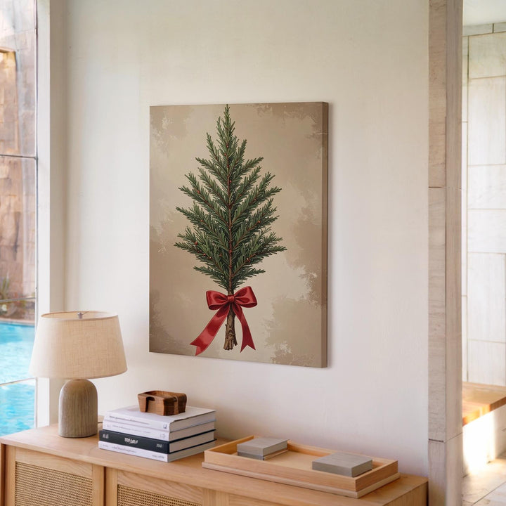 Rustic Christmas Tree Canvas – Minimal Greenery with Red Ribbon Holiday Art - Gifitto