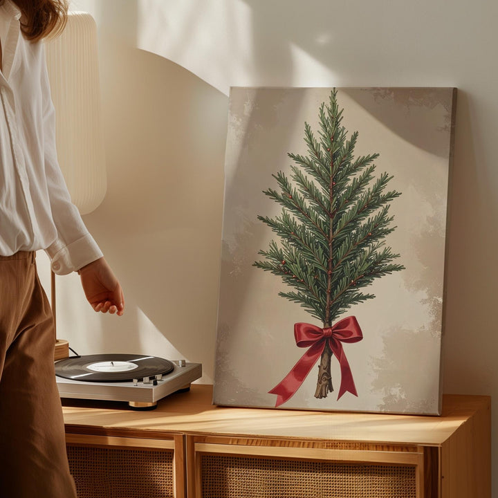 Rustic Christmas Tree Canvas – Minimal Greenery with Red Ribbon Holiday Art - Gifitto