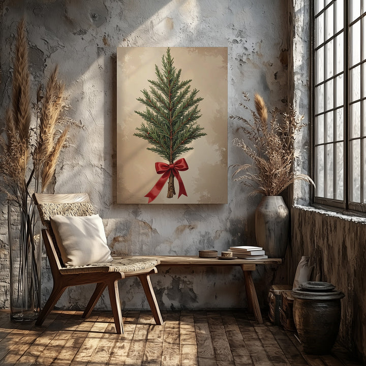 Rustic Christmas Tree Canvas – Minimal Greenery with Red Ribbon Holiday Art - Gifitto