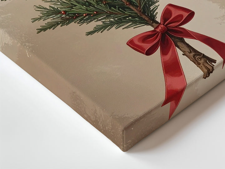 Rustic Christmas Tree Canvas – Minimal Greenery with Red Ribbon Holiday Art - Gifitto