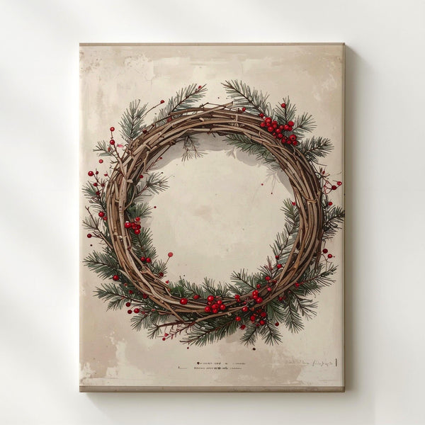 Rustic Christmas Wreath Canvas – Hand-Drawn Holiday Greenery Wall Art - Gifitto