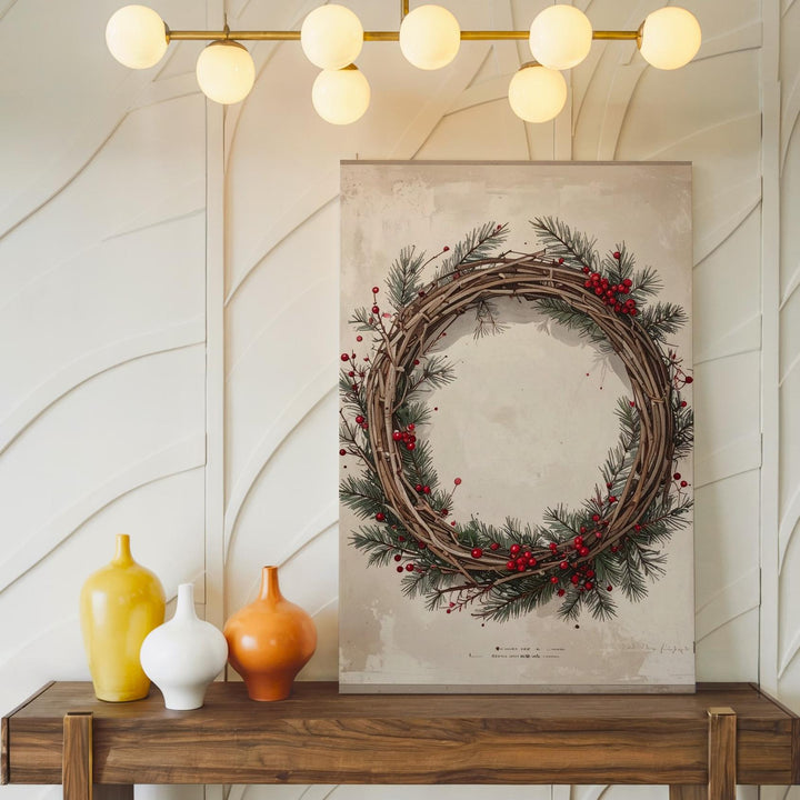 Rustic Christmas Wreath Canvas – Hand-Drawn Holiday Greenery Wall Art - Gifitto