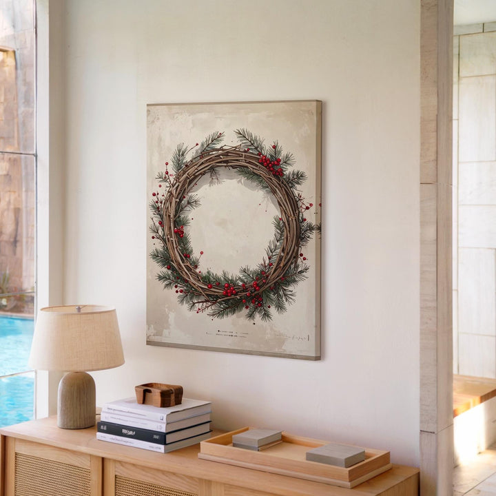 Rustic Christmas Wreath Canvas – Hand-Drawn Holiday Greenery Wall Art - Gifitto