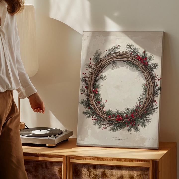 Rustic Christmas Wreath Canvas – Hand-Drawn Holiday Greenery Wall Art - Gifitto