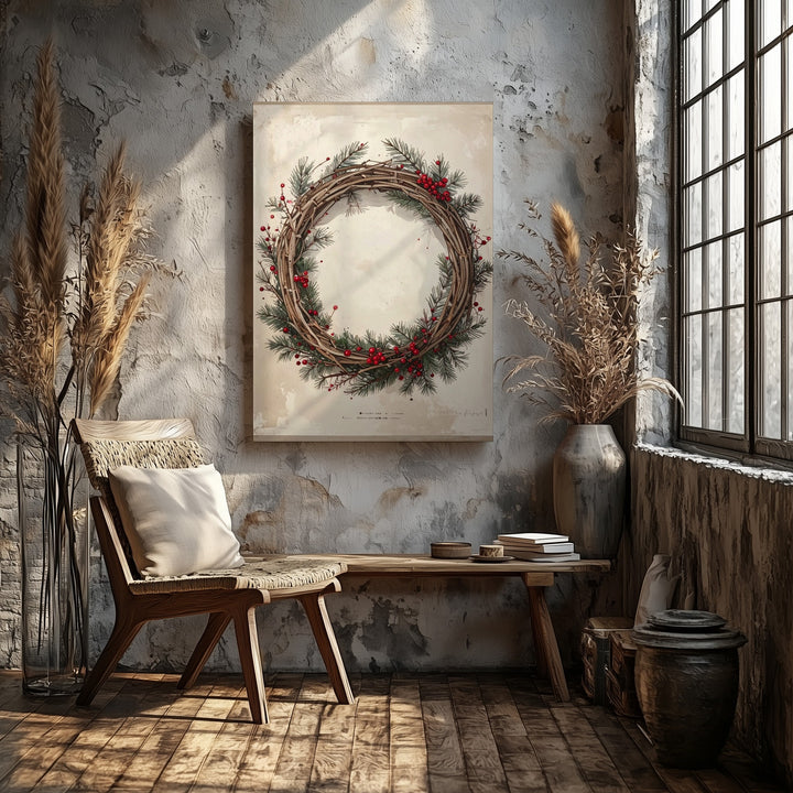 Rustic Christmas Wreath Canvas – Hand-Drawn Holiday Greenery Wall Art - Gifitto